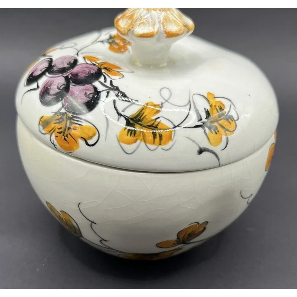 Vtg Italian Apple Shaped Covered Bowl & Saucer Hand Painted Mid-Century